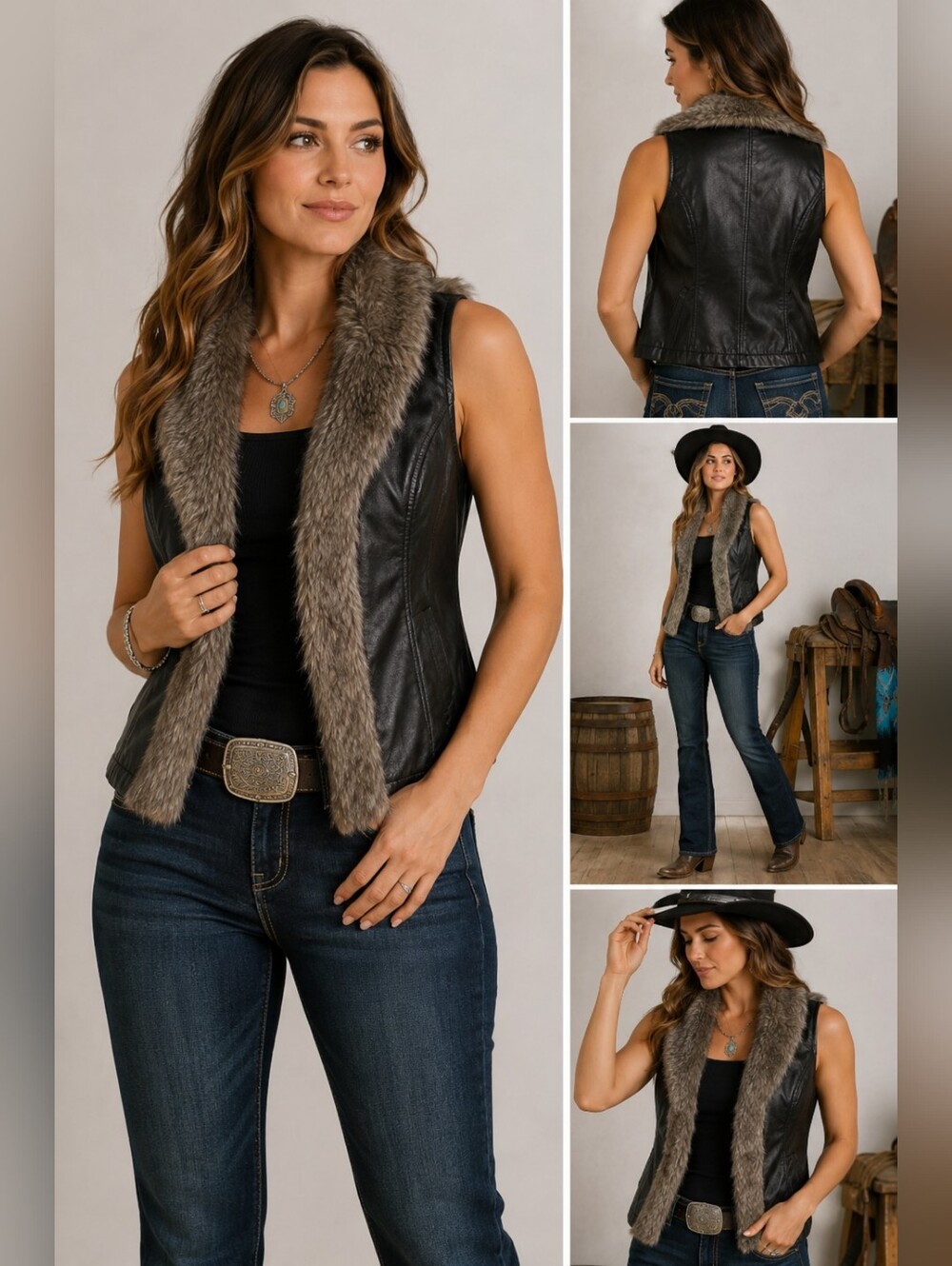 Ariat Womens Black Faux Leather Vest Swirls Faux Fur Trim Paisley Western Size M